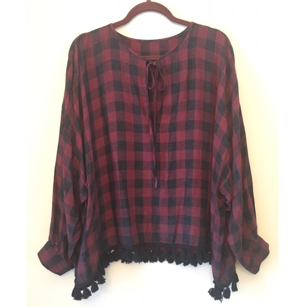 ZARA buffalo plaid oversized top with tassel hem